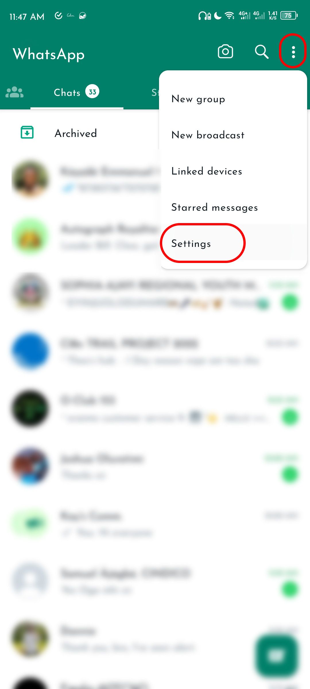 Opening WhatsApp settings on Android