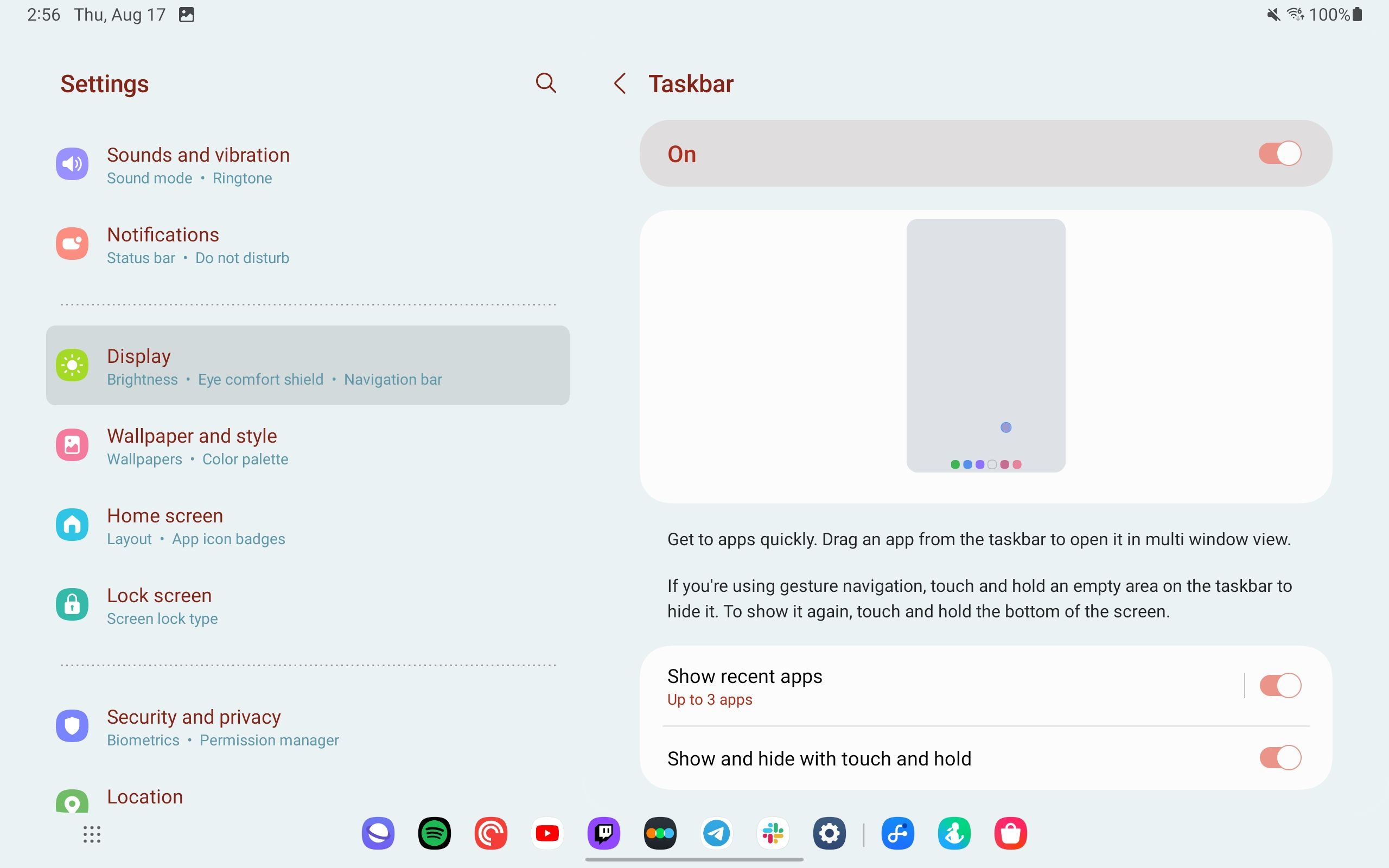 The Taskbar settings menu on a Galaxy Tab S9