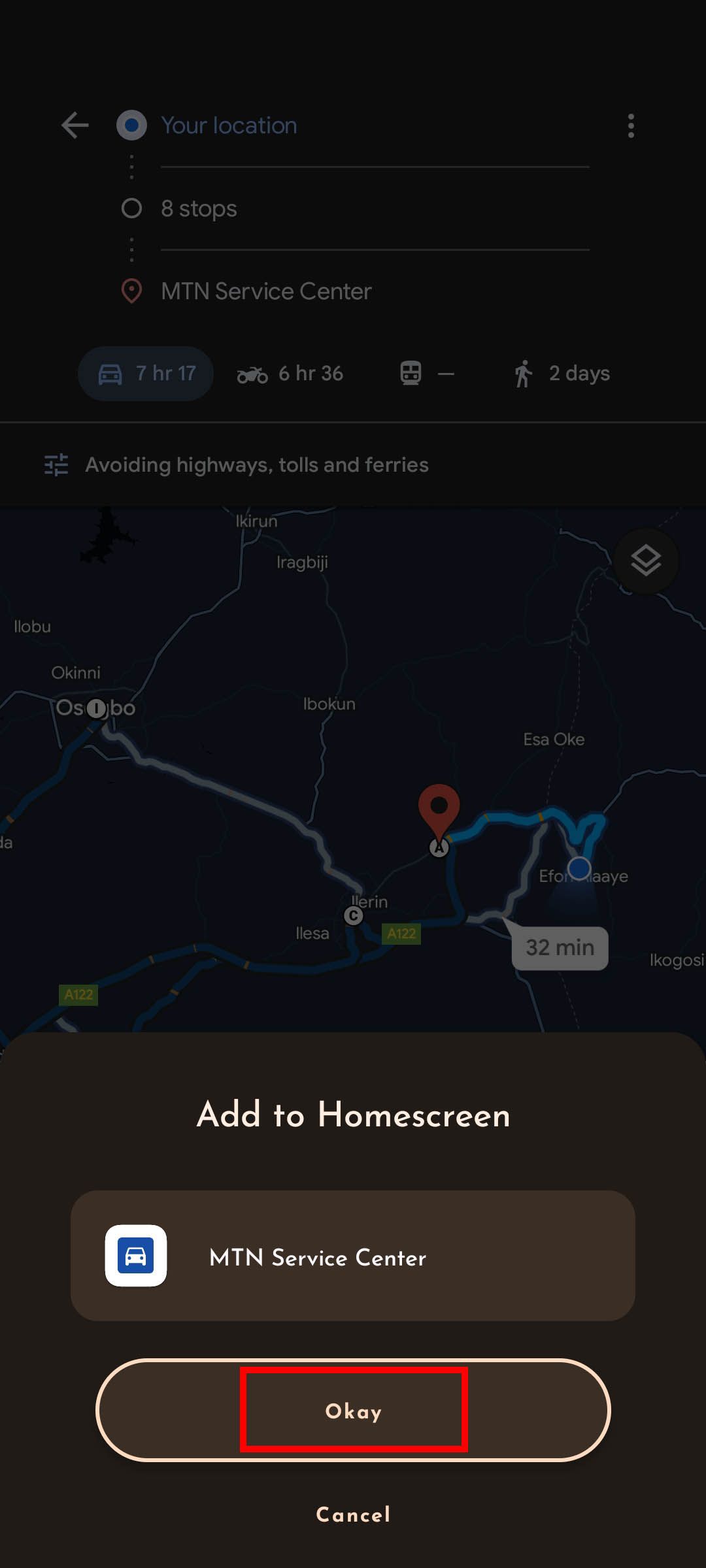 Adding Google Maps route shortcut to home screen on Android