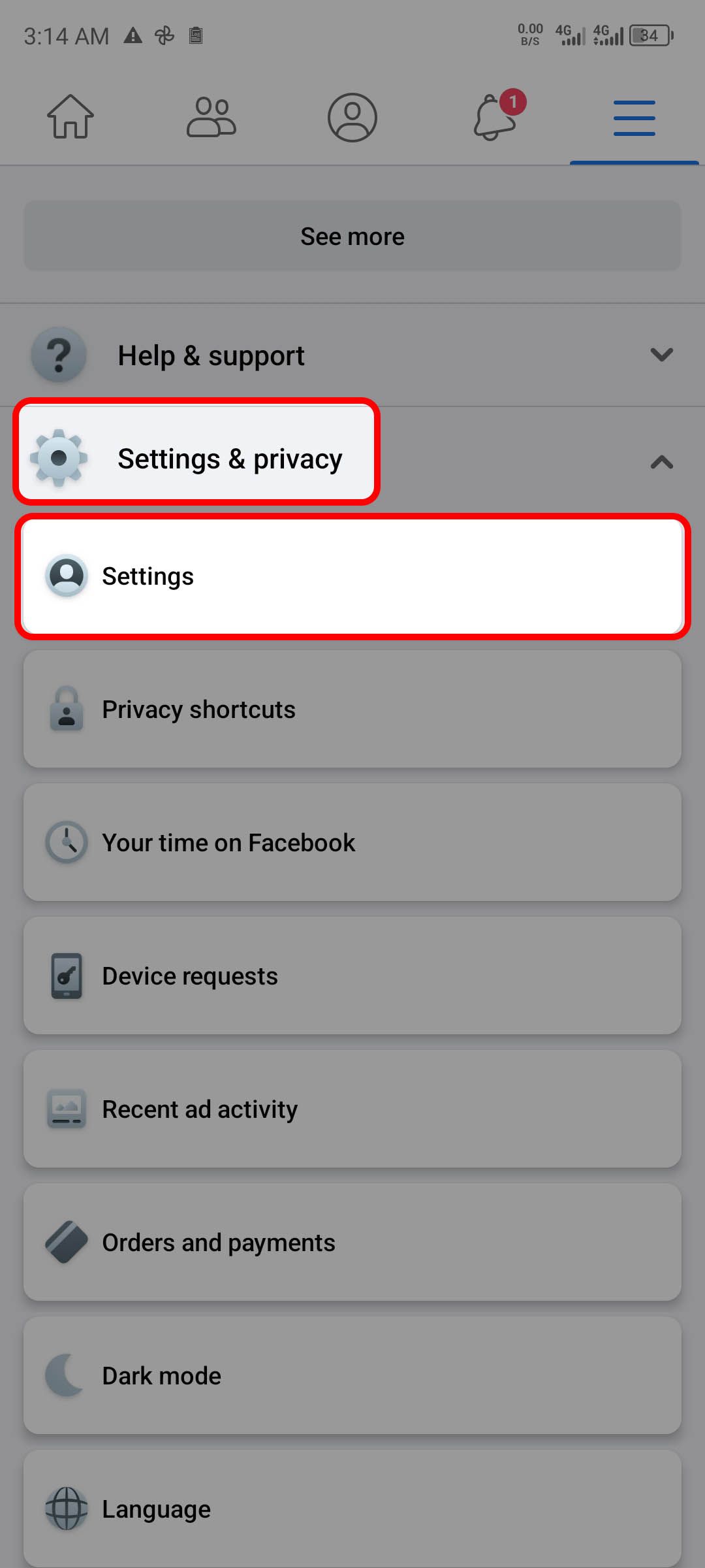 A screenshot highlighting Facebook Settings & Privacy menu on Android