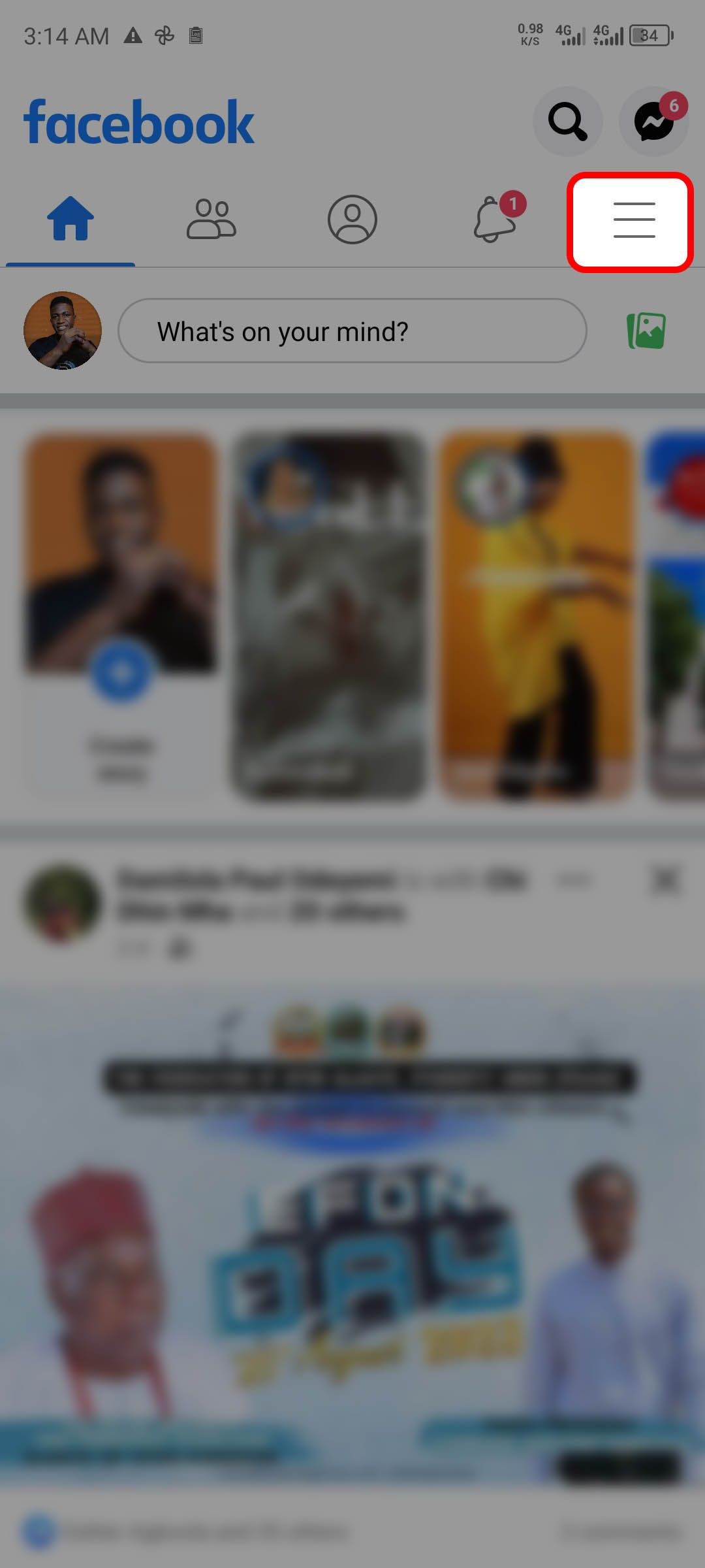 A screenshot highlighting Facebook menu button on the Android app