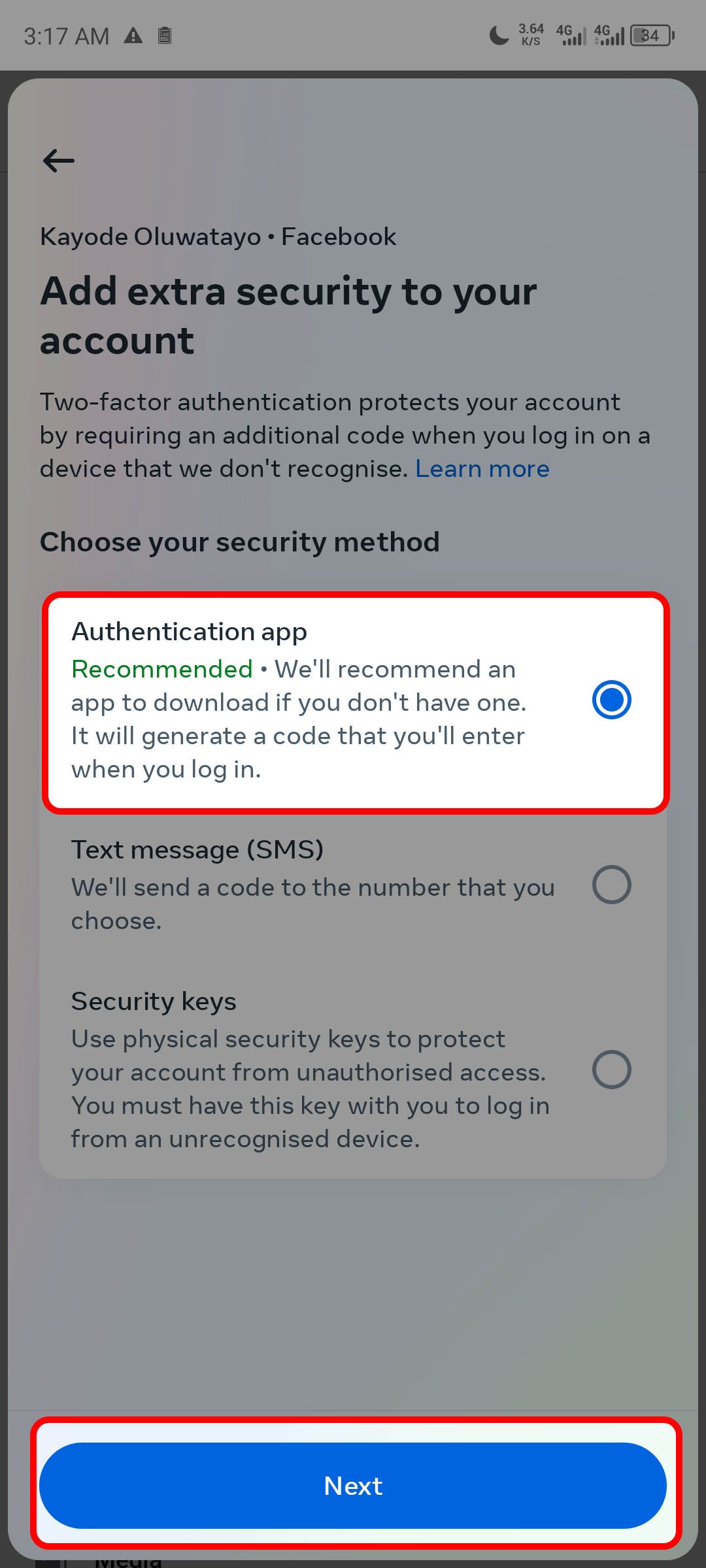 Selecting Authentication app as your 2FA method