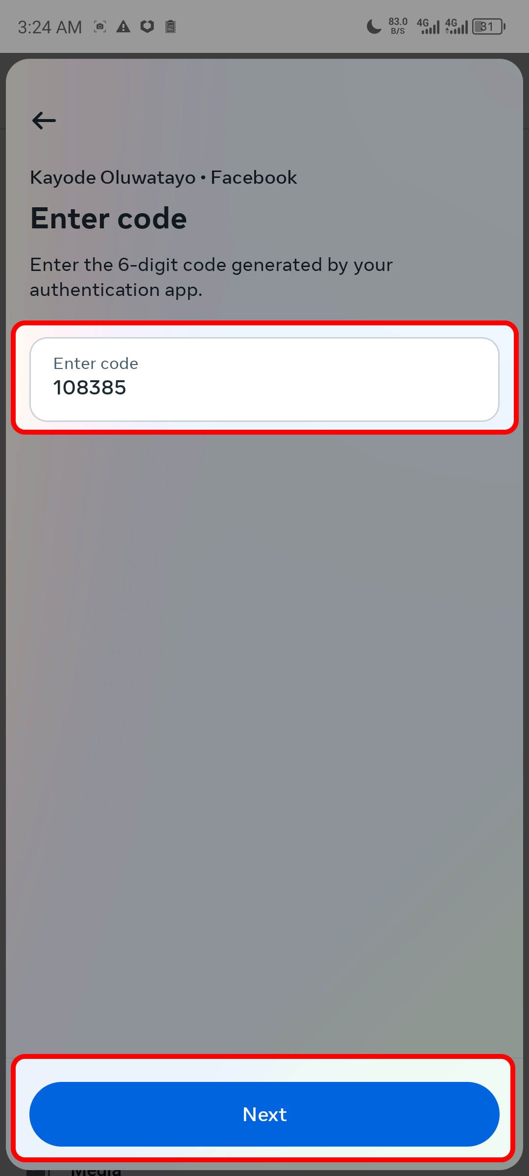 Entering OTP from the authentication app to comfirm Facebook 2FA setup