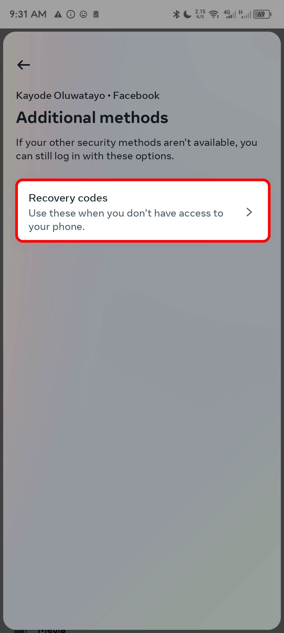 The Additional methoda page highlighting the Recovery codes option