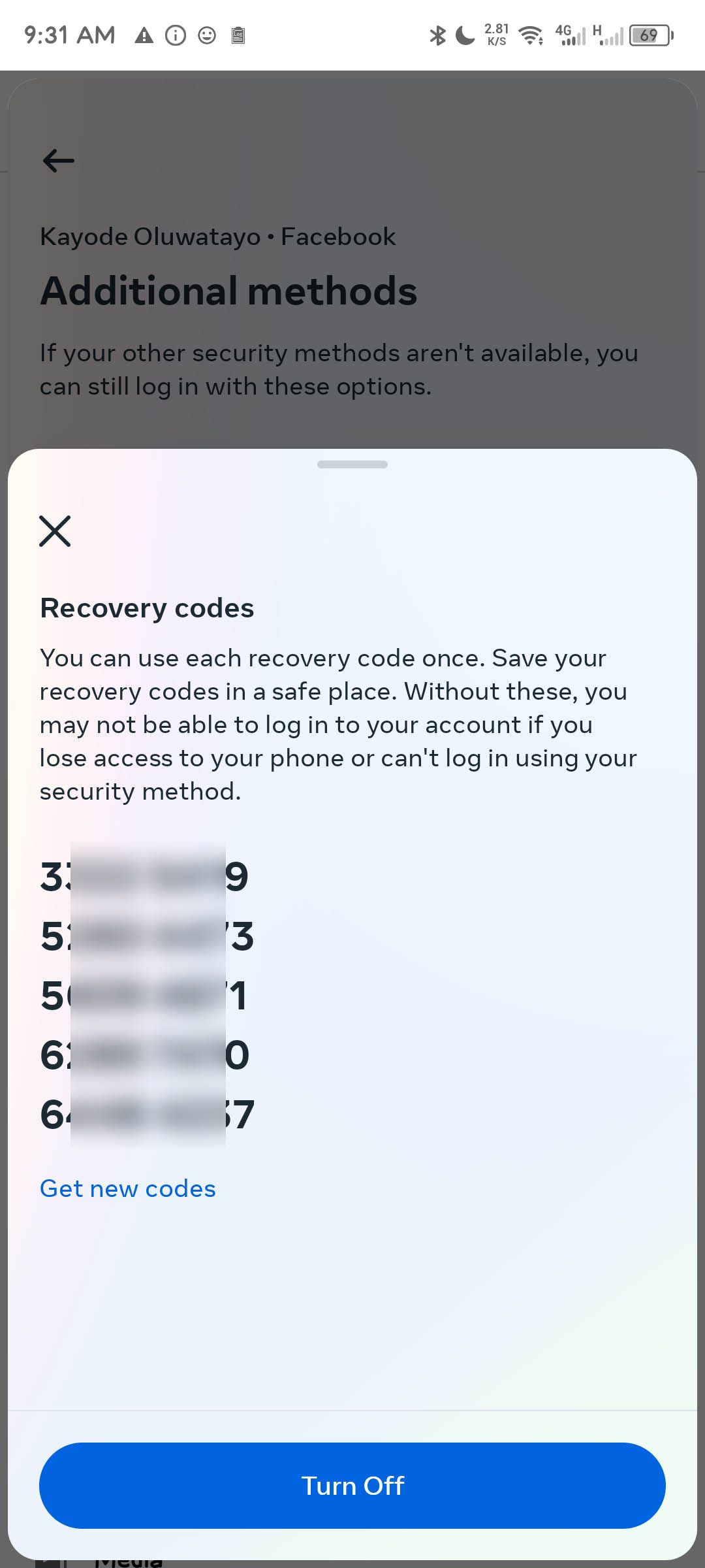 The listing of recovery codes