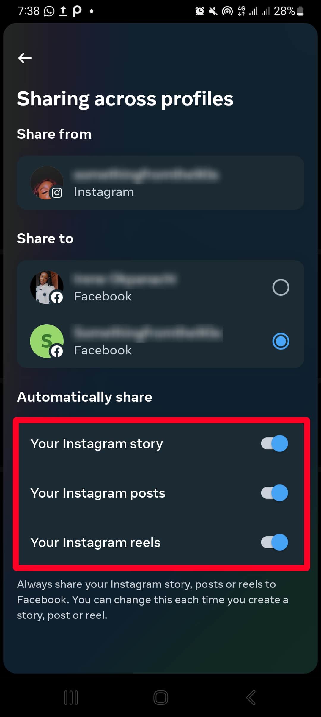 Sharing across profiles menu on Instagram app