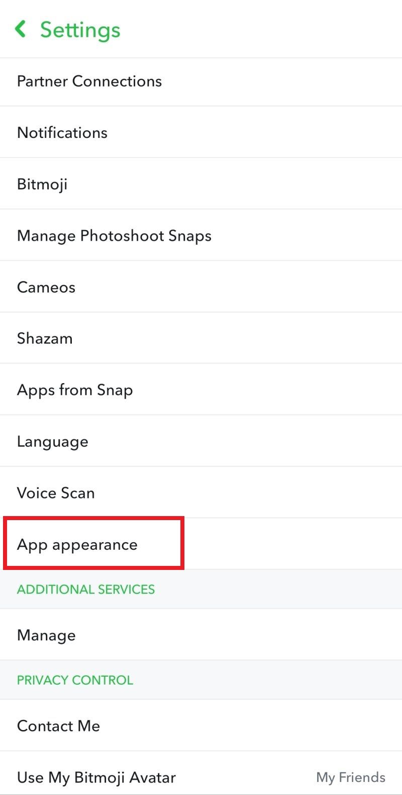 Screenshot highlighting the App appearance option in Snapchat
