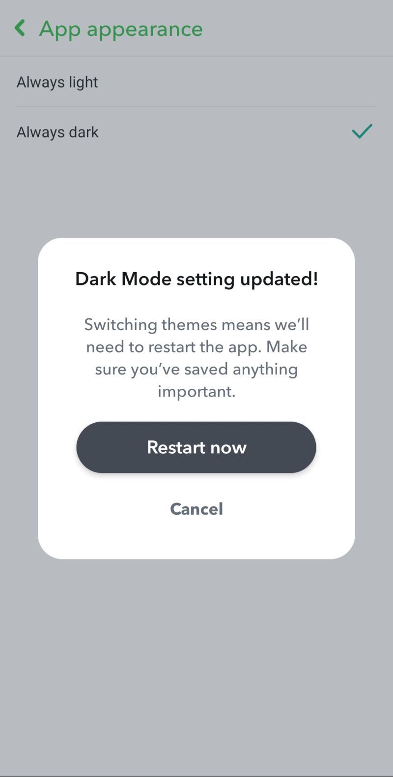 Screenshot of Dark mode setting in Snapchat