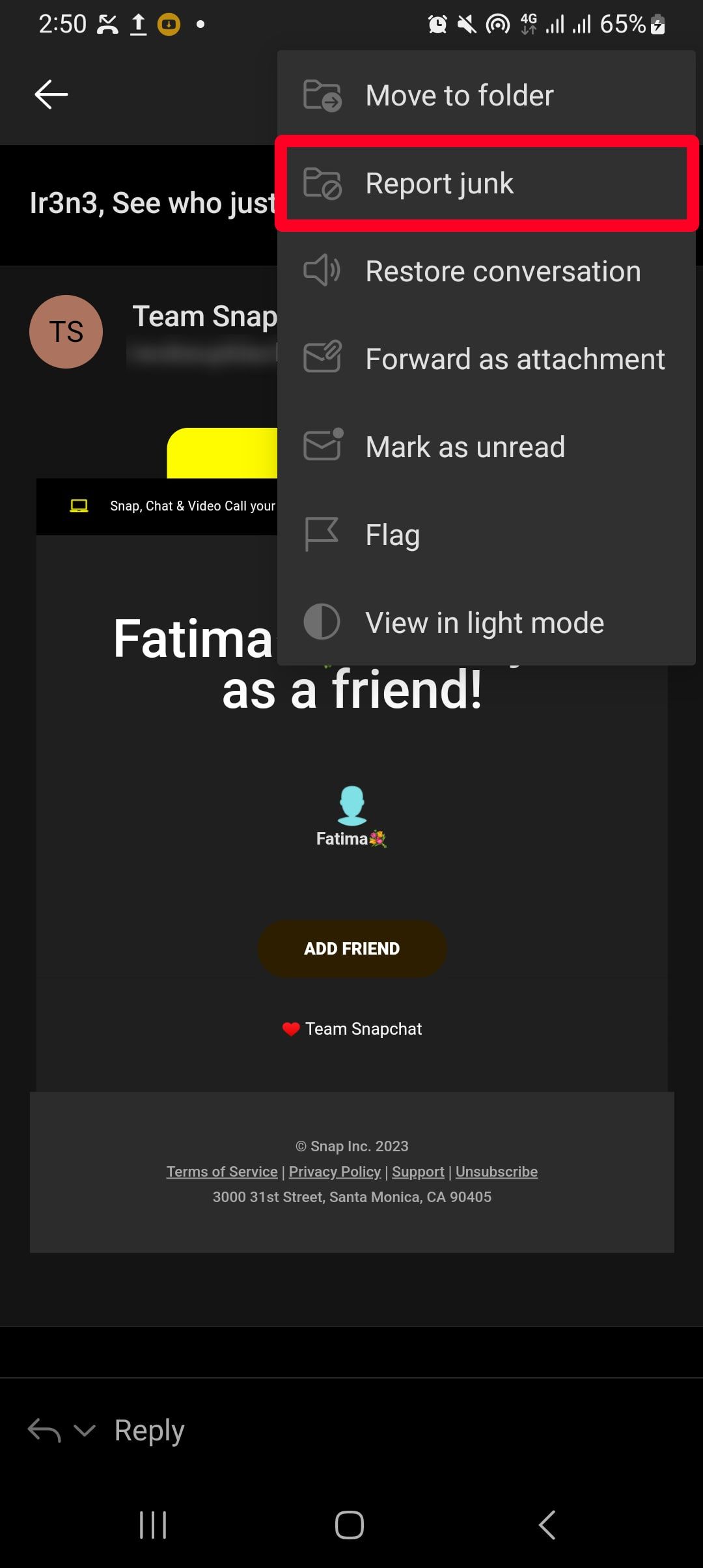 Snapchat electronic mail in Microsoft Outlook app