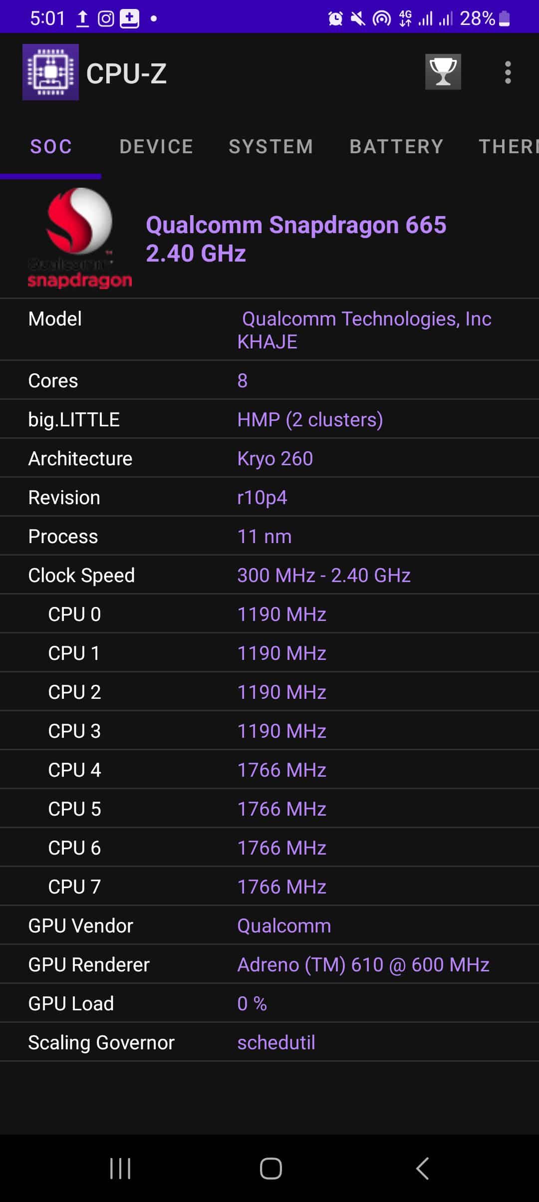 SoC menu in CPU-Z app