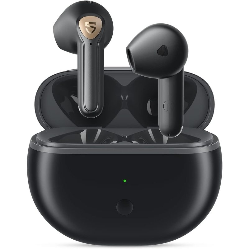 Soundpeats Air3 Deluxe HS earbuds positioned at entrance and aspect angles above the charging case
