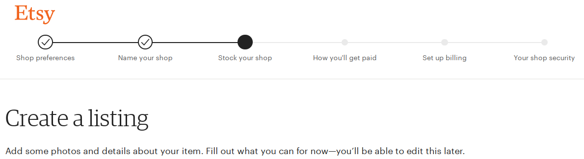Screenshot of the fabricate a list step when constructing Etsy shop