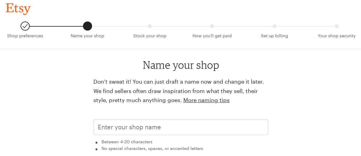 Screenshot of naming your shop on Etsy