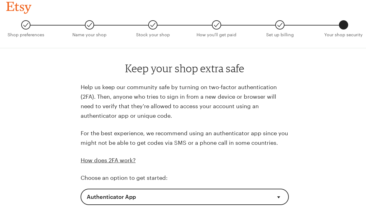 Screenshot of the two-ingredient authentication setup for Etsy shop