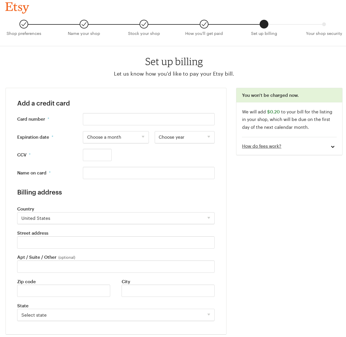 Screenshot of the billing setup display veil for Etsy shop