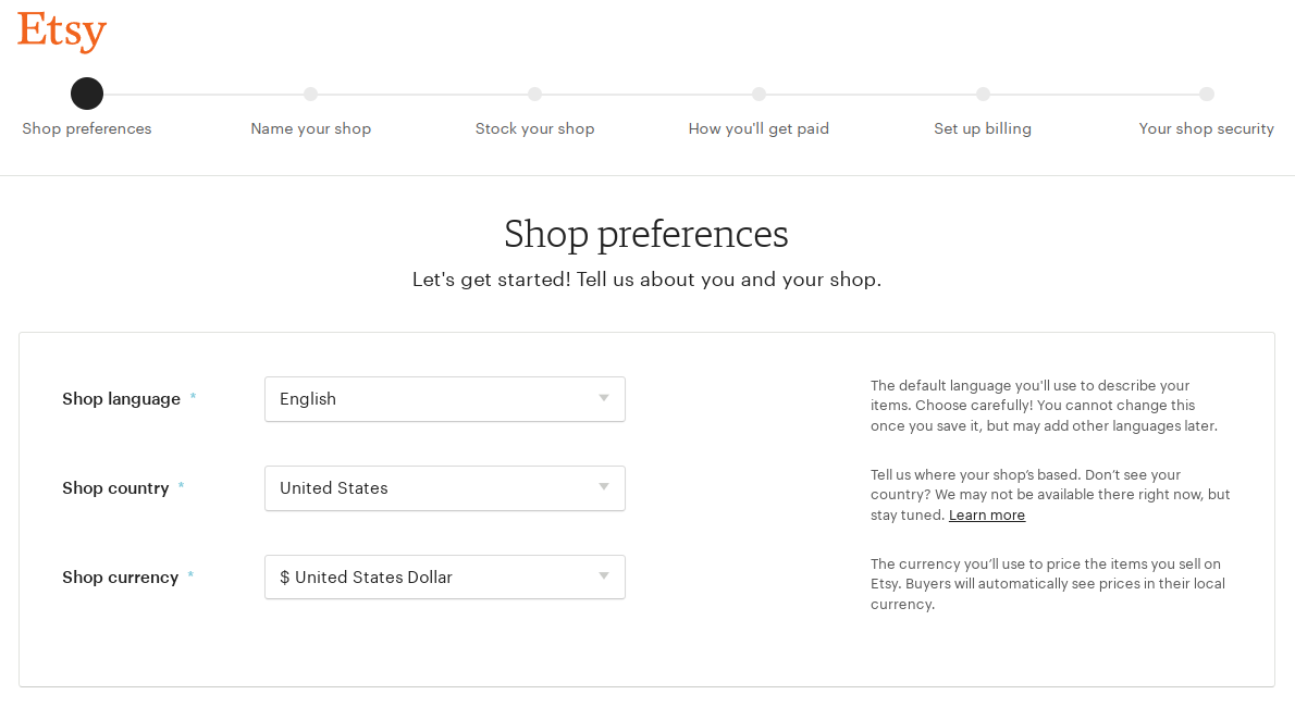 Screenshot of Etsy shop preferences