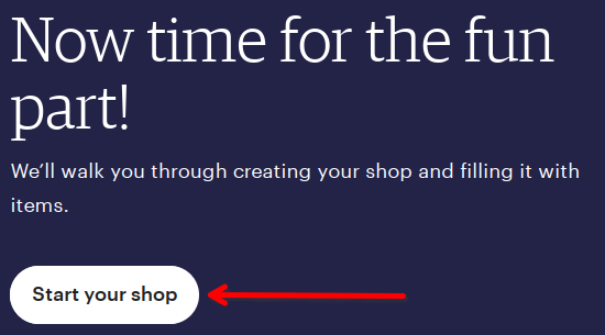 Screenshot of the commence your shop button on Etsy