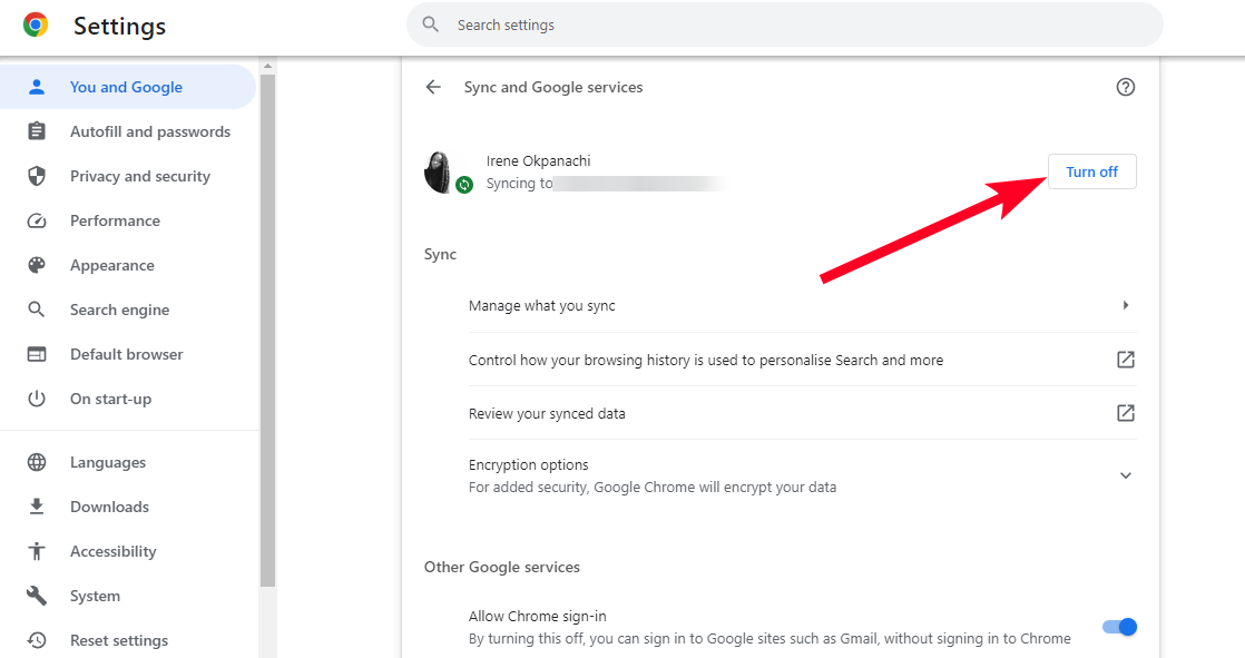 Sync and Google products and companies menu in Chrome PC browser
