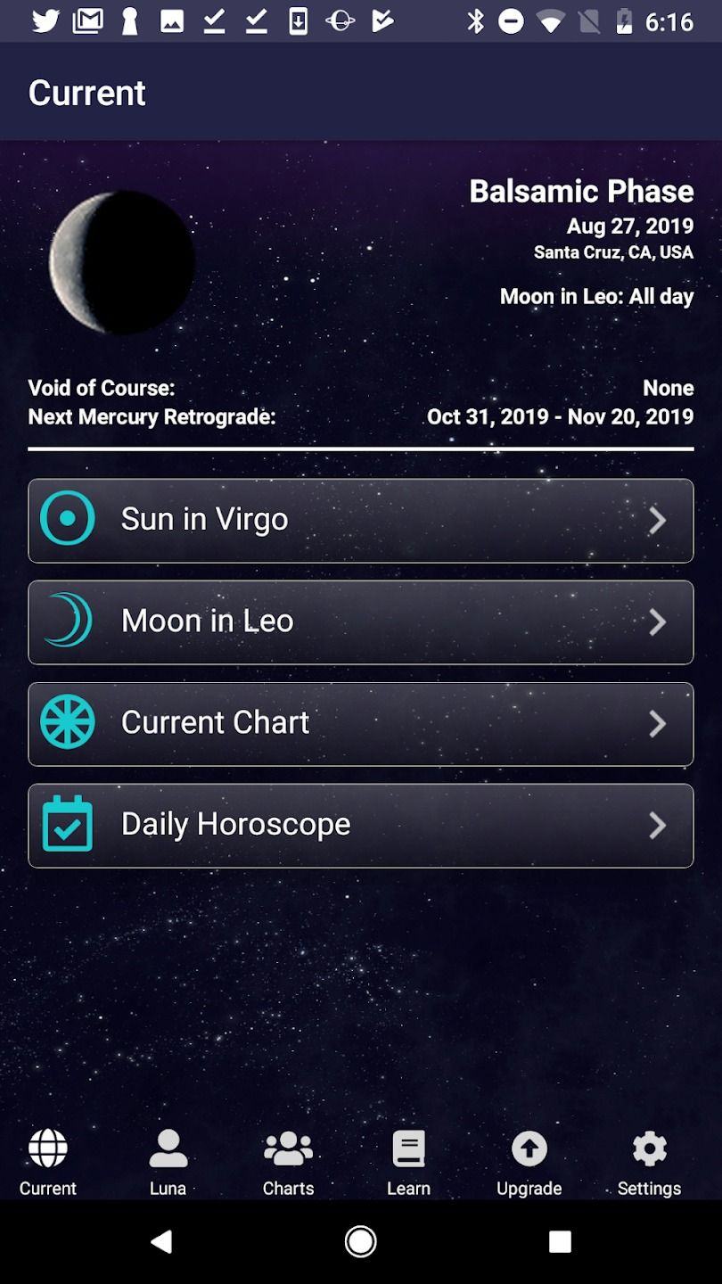 screenshot of time passages app showing astrology information