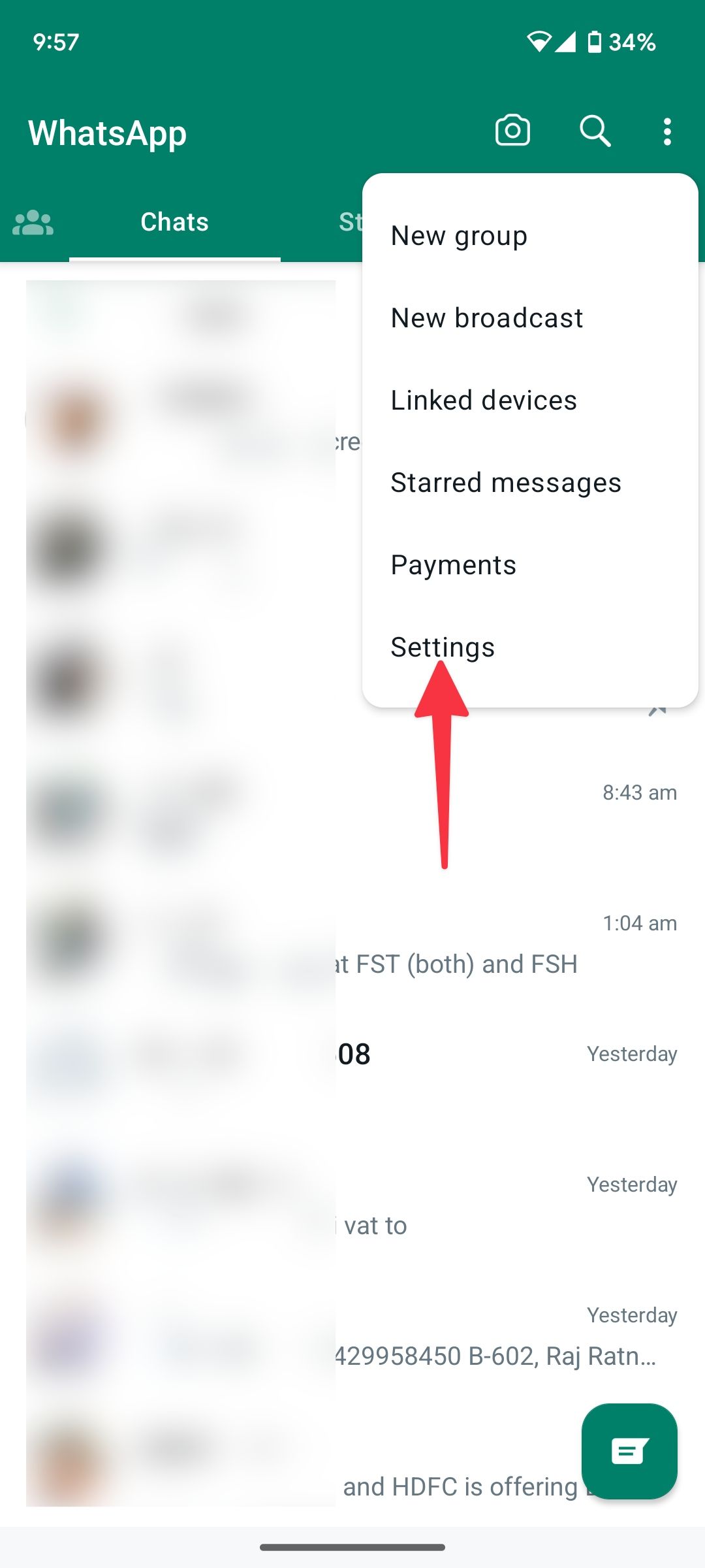 red solid arrow pointing to whatsapp settings