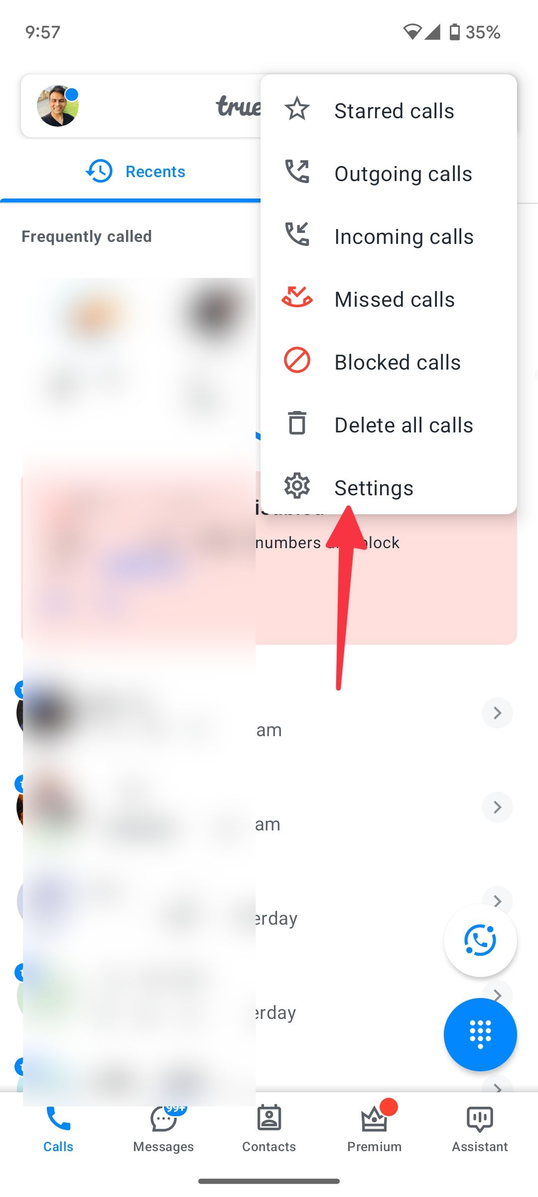 red solid arrow pointing to truecaller settings