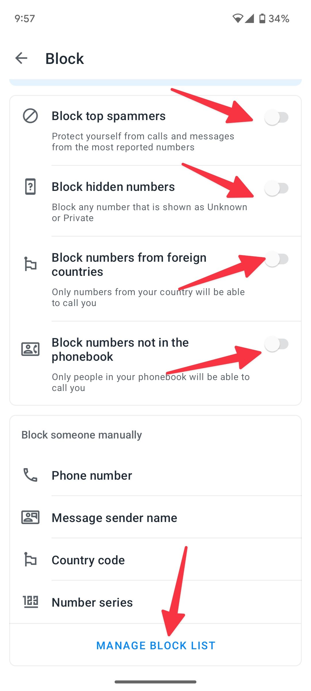 four arrows pointing to toggles and one arrow pointing to manage block list option in Truecaller block settings