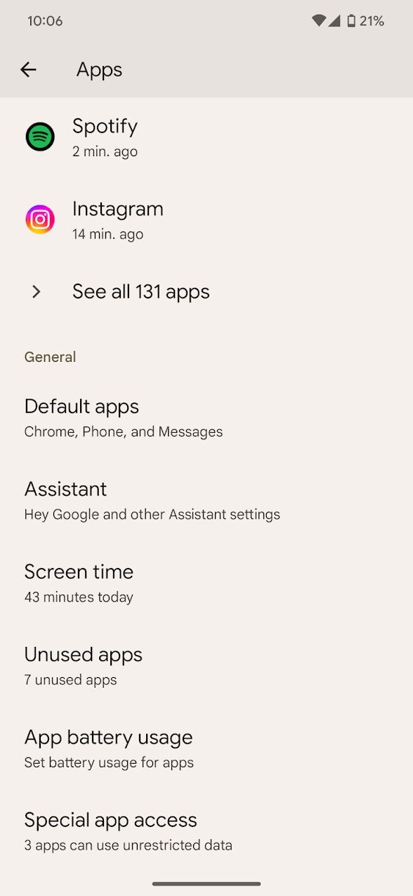 Android phone's settings menu showing app options