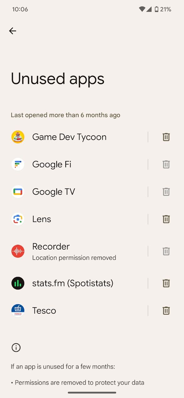 Android phone's settings menu showing unused apps