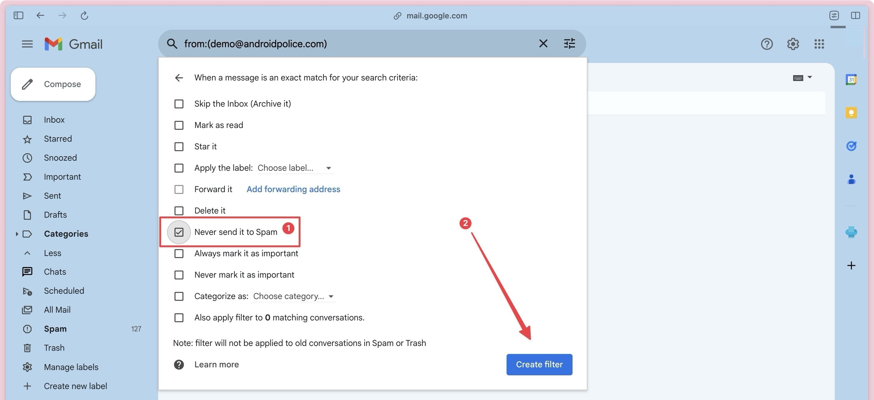 Gmail filter creation page showing By no way ship it to Spam possibility