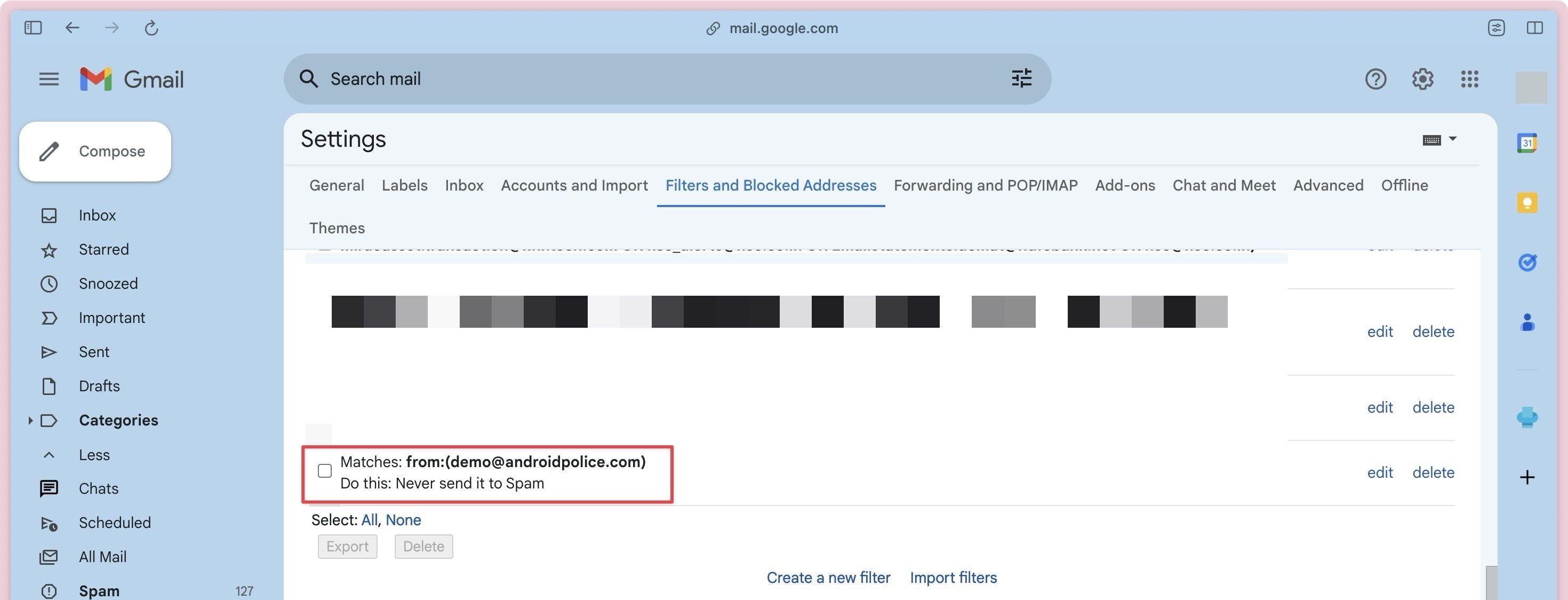 Filter and Blocked Addresses page showing the unusual filter