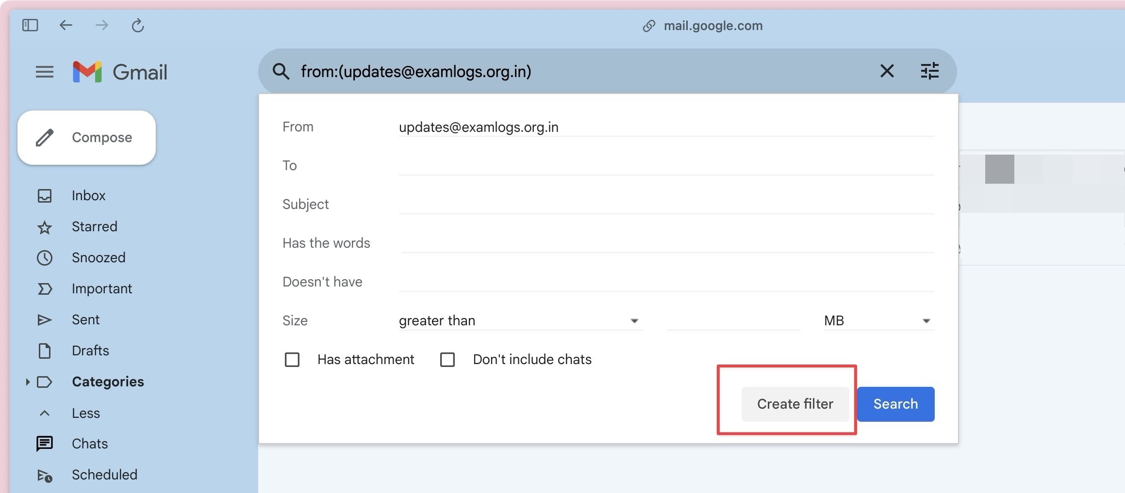 Displaying Gmail filter creation cowl