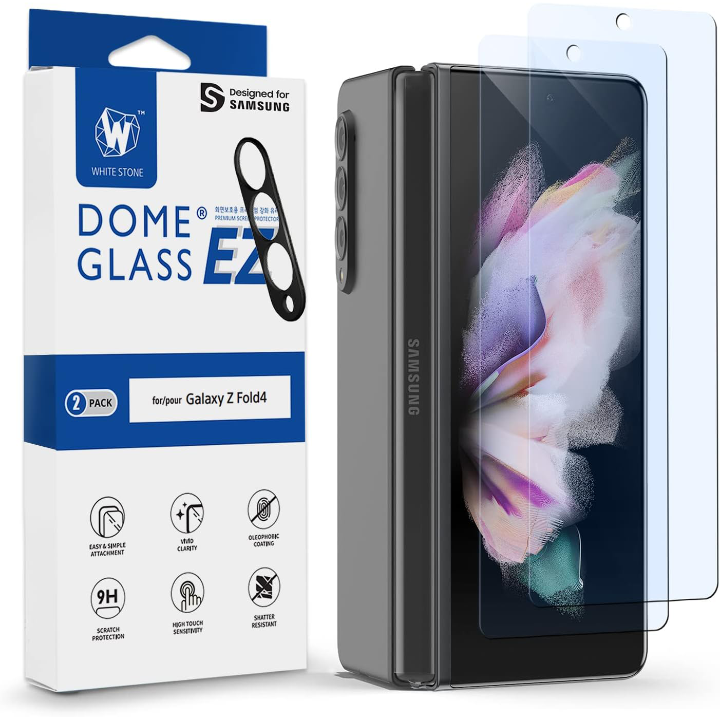 Whitestone Dome EZ Glass Z Fold 4, layered front view beside packaging