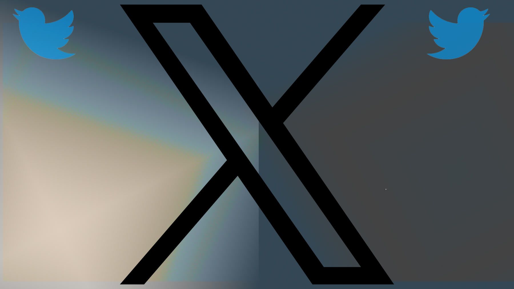 The X logo with two Twitter bird logos against a multicolor background.