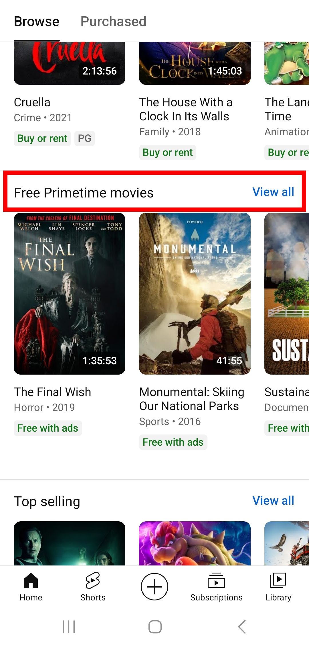 Red rectangle outline over Free Primetime movies and view all button on the YouTube app