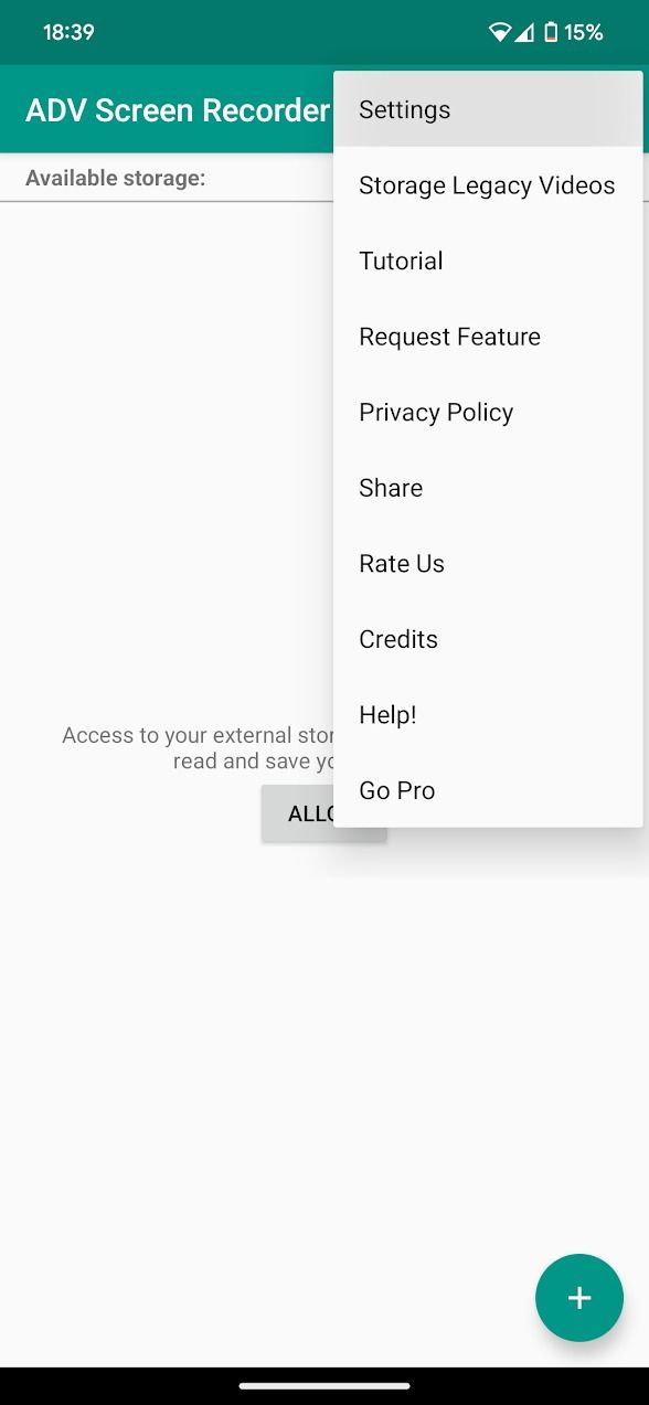 screenshot of settings menu on adv screen recorder app