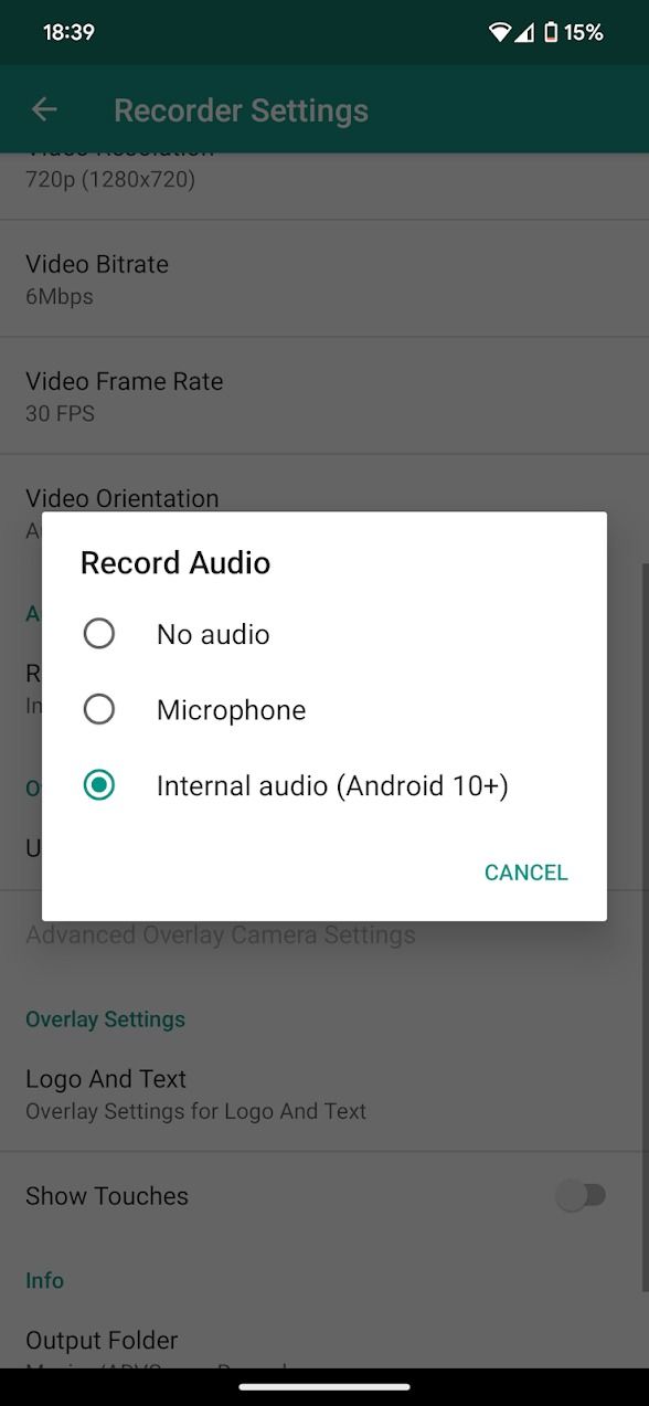 screenshot of audio settings on adv recorder app