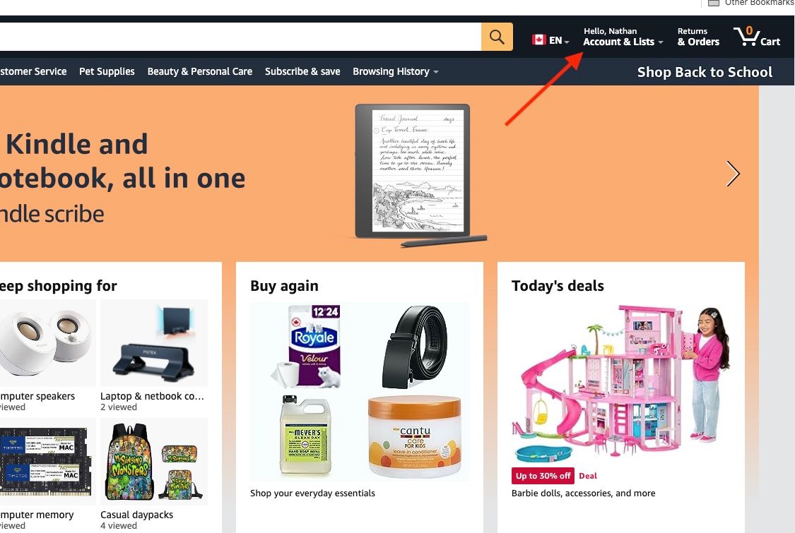 The Amazon homepage with a red arrow pointing to the Accounts & Lists possibility 