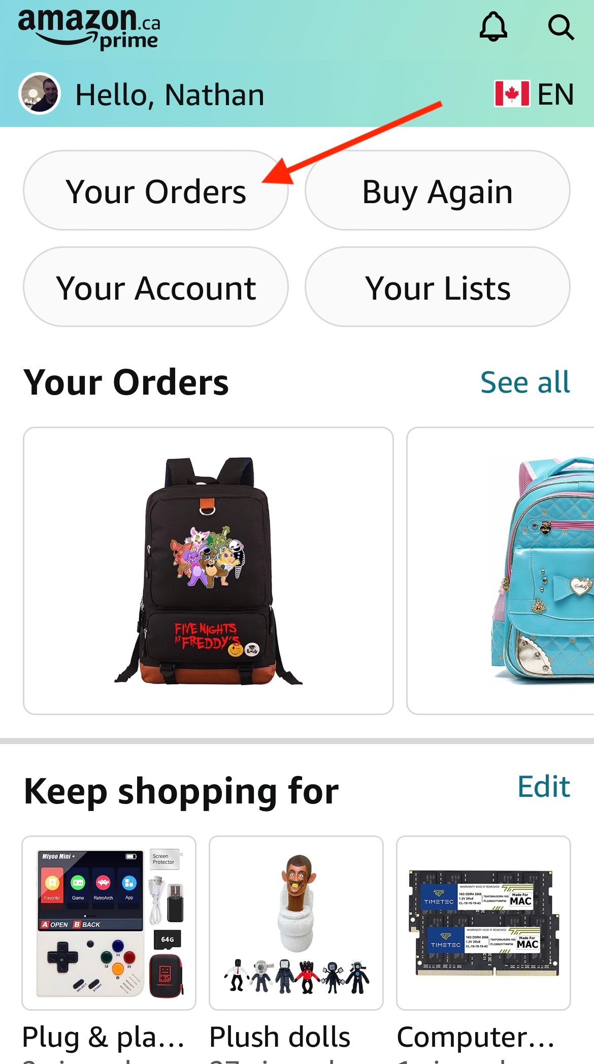 The Amazon mobile profile page with a red arrow pointing to Your Orders button