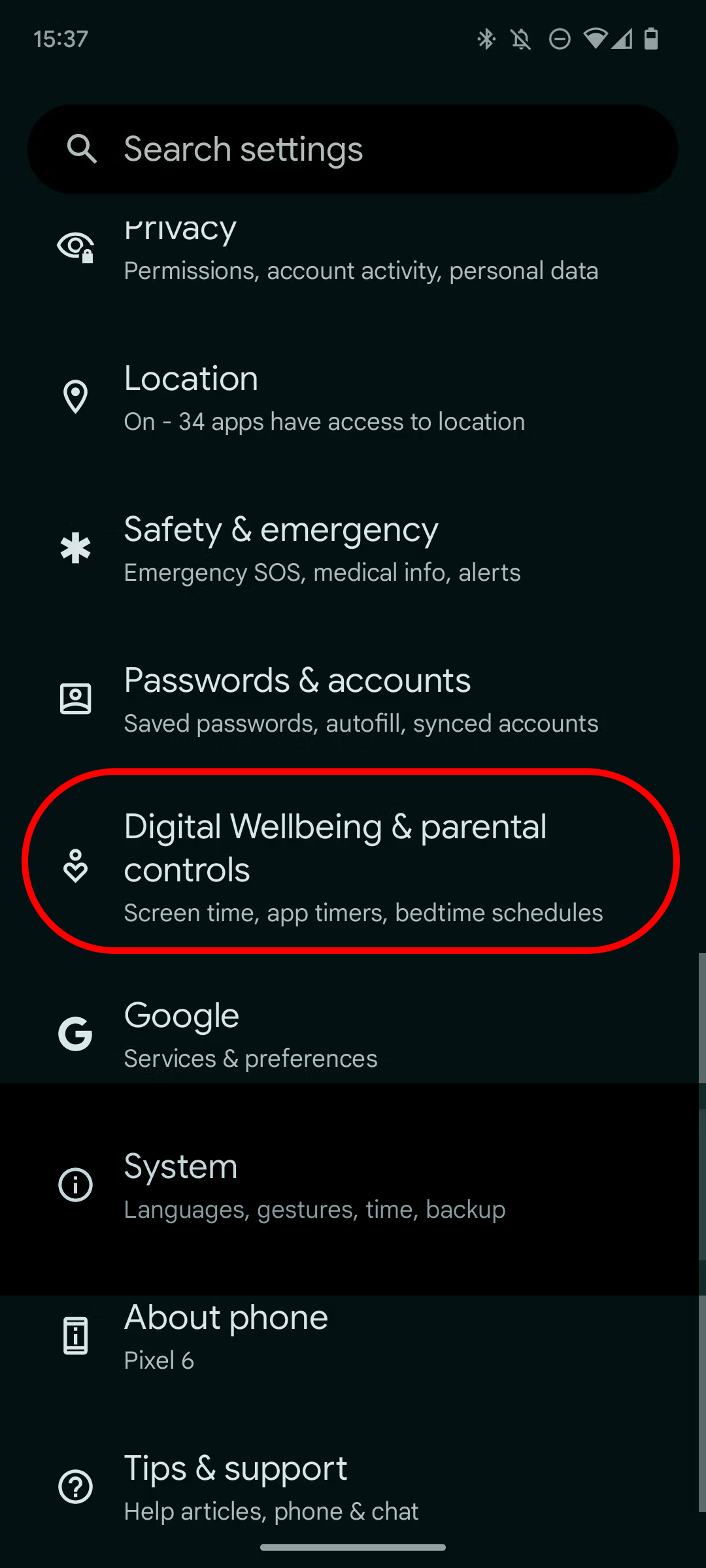 Opening Digital wellbeing in the Android Settings menu.