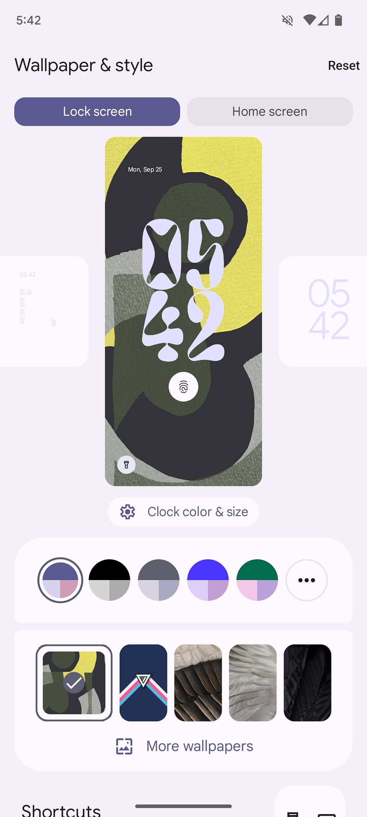 The lock screen customization menu on Android 14 with a distinct 70s-esque font showing.