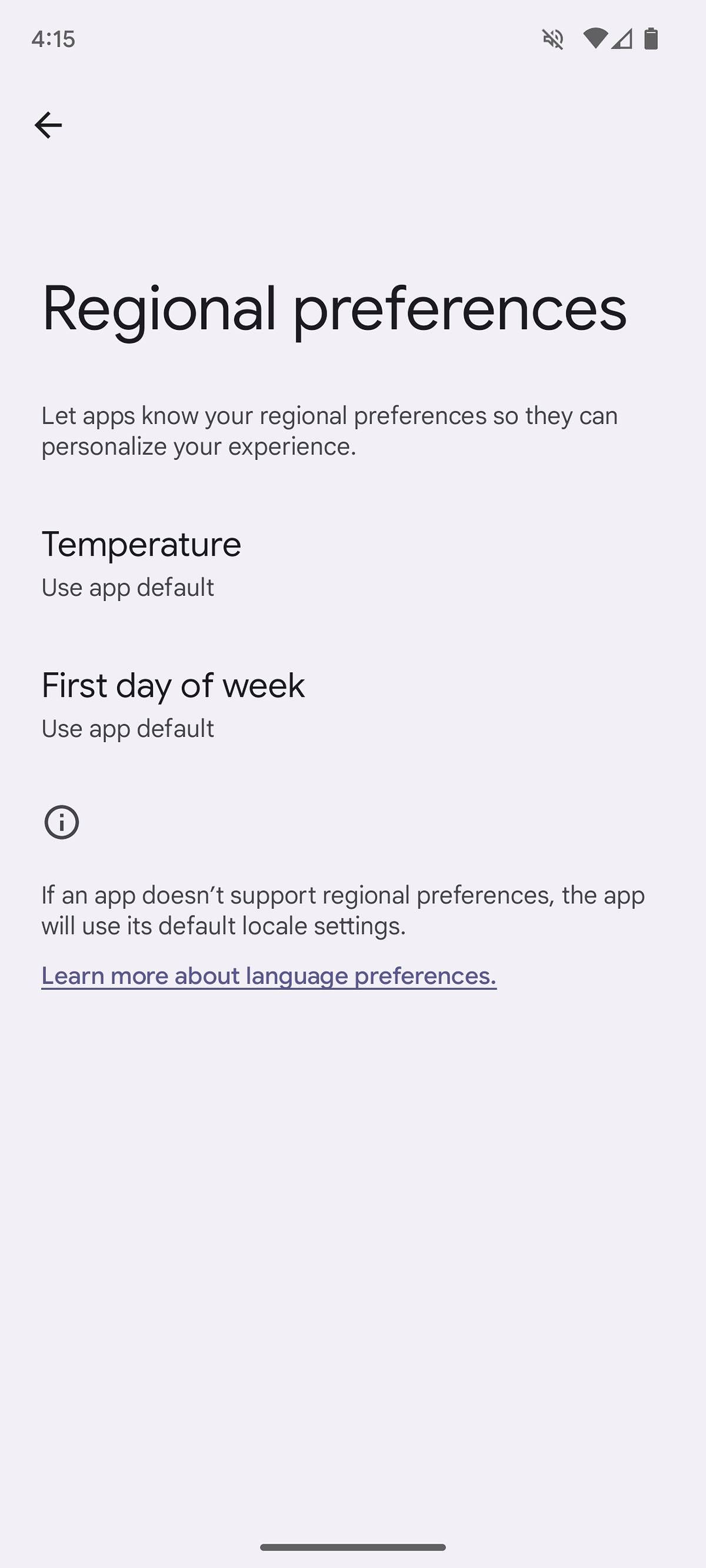 Regional settings menu in Android 14, showing options for temperature units and the first day of the week.