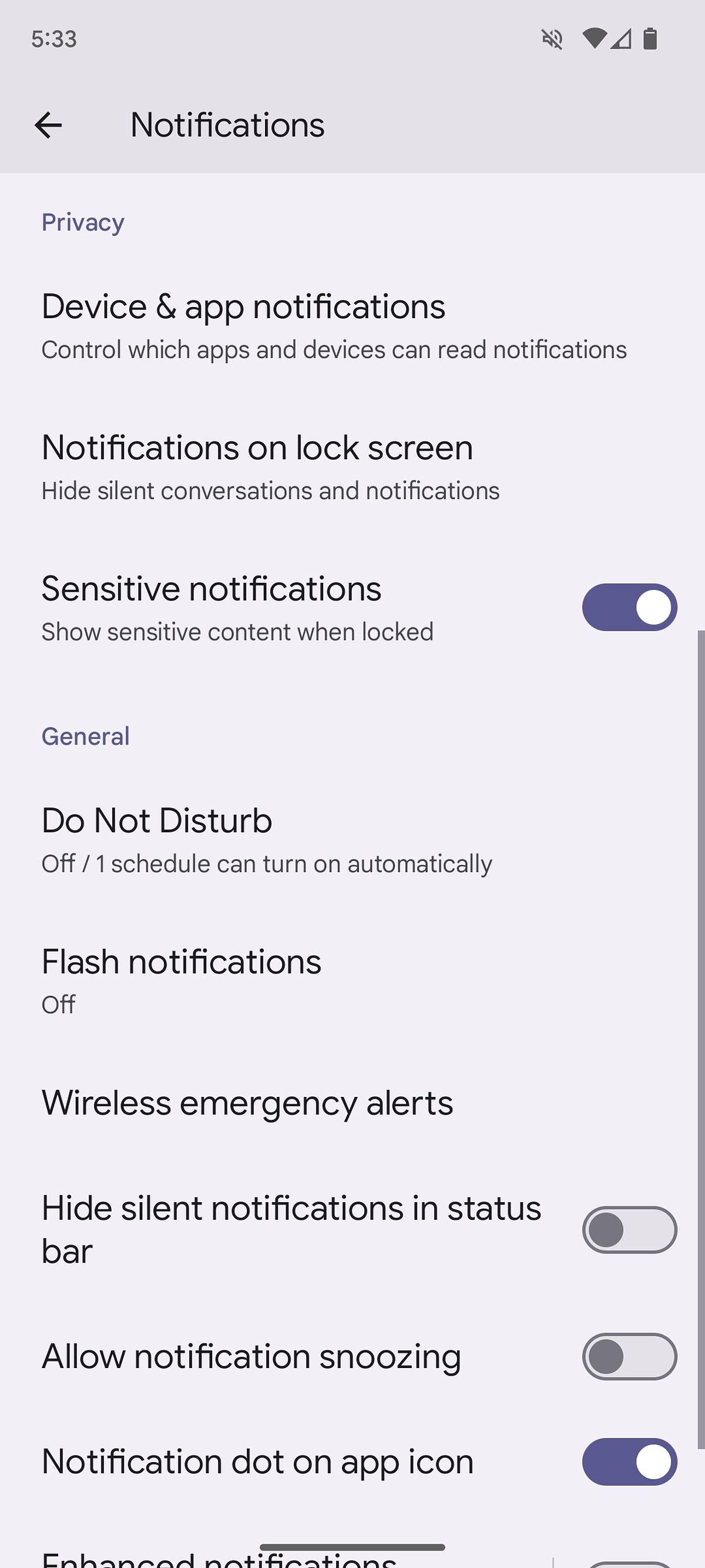 Notifications menu in Android 14, with flashes turned off.