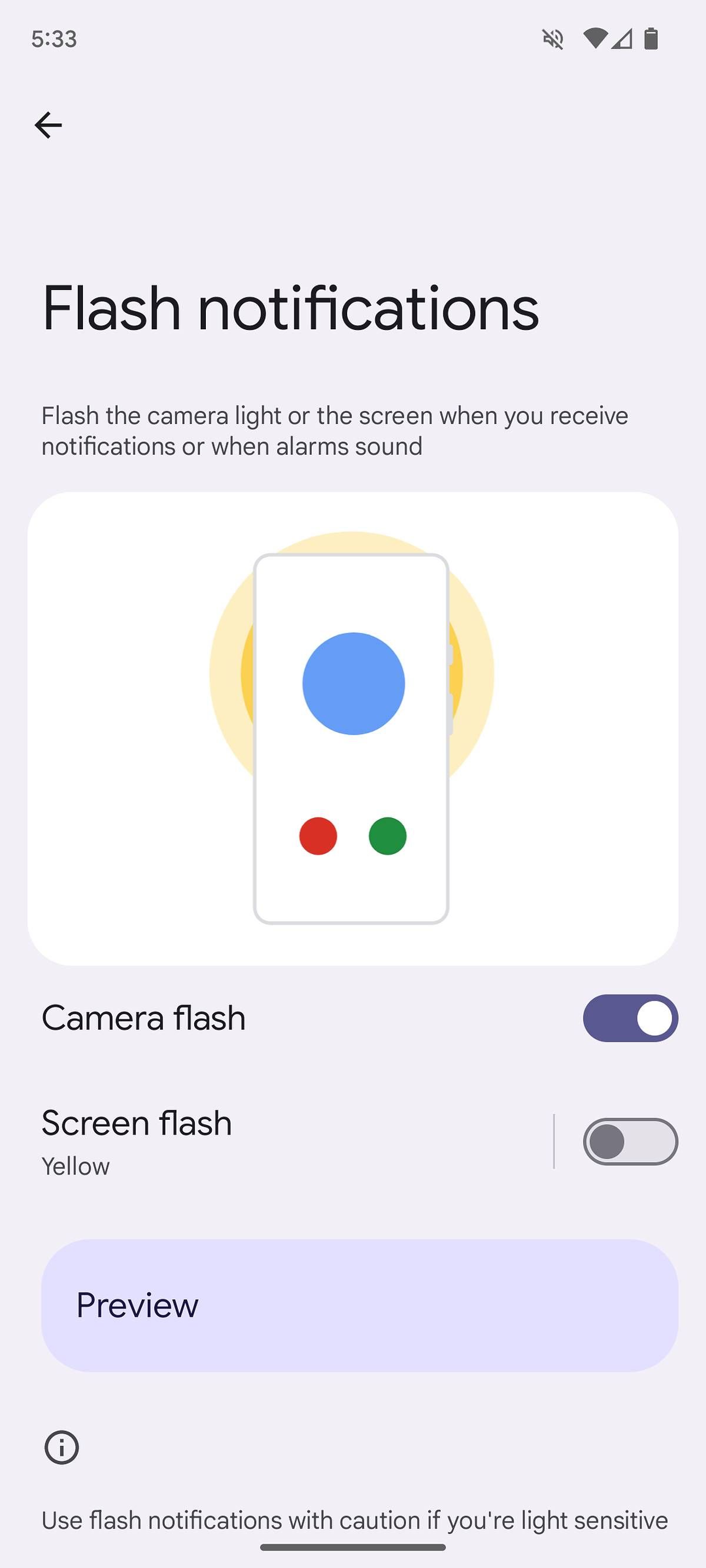 Flash notifications in Android 14, with camera flash activated.