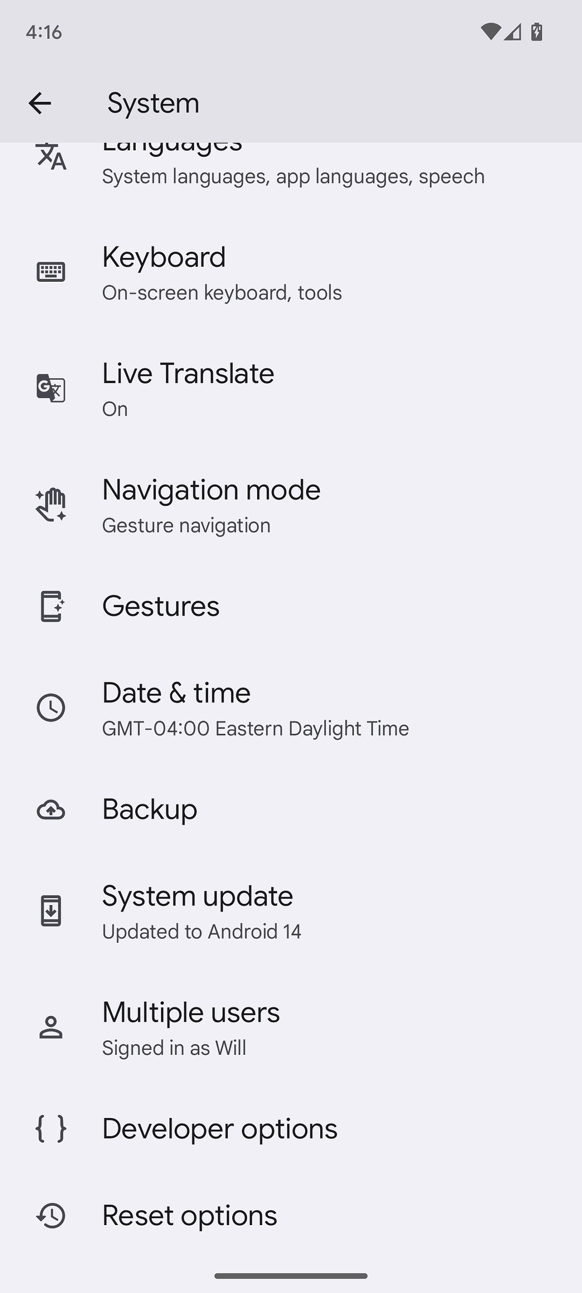 The main System settings menu on a Pixel 7a, with developer options unlocked.