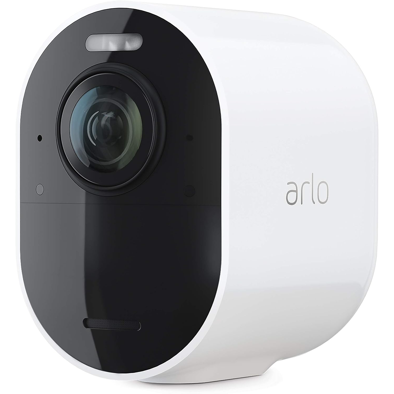 Arlo Ultra 2 Highlight Digicam positioned at an perspective on a white background