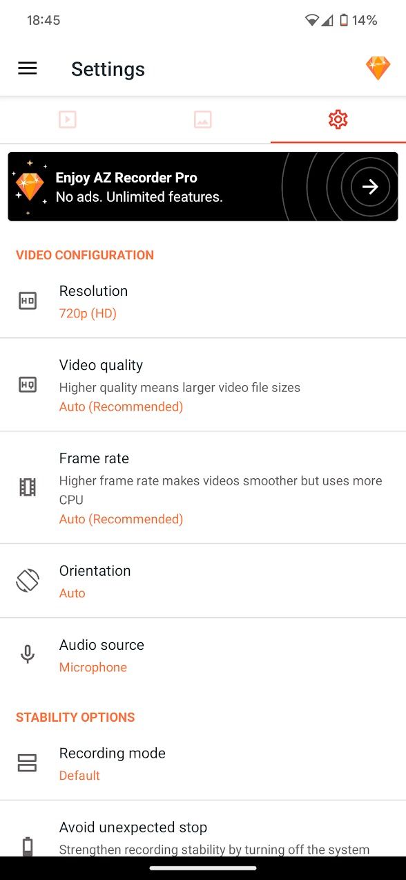 screenshot of settings menu on az recorder app