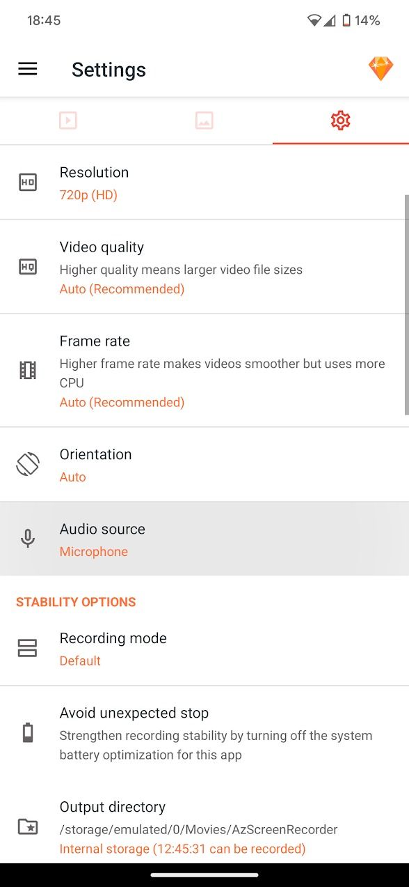 screenshot of settings menu on az recorder app