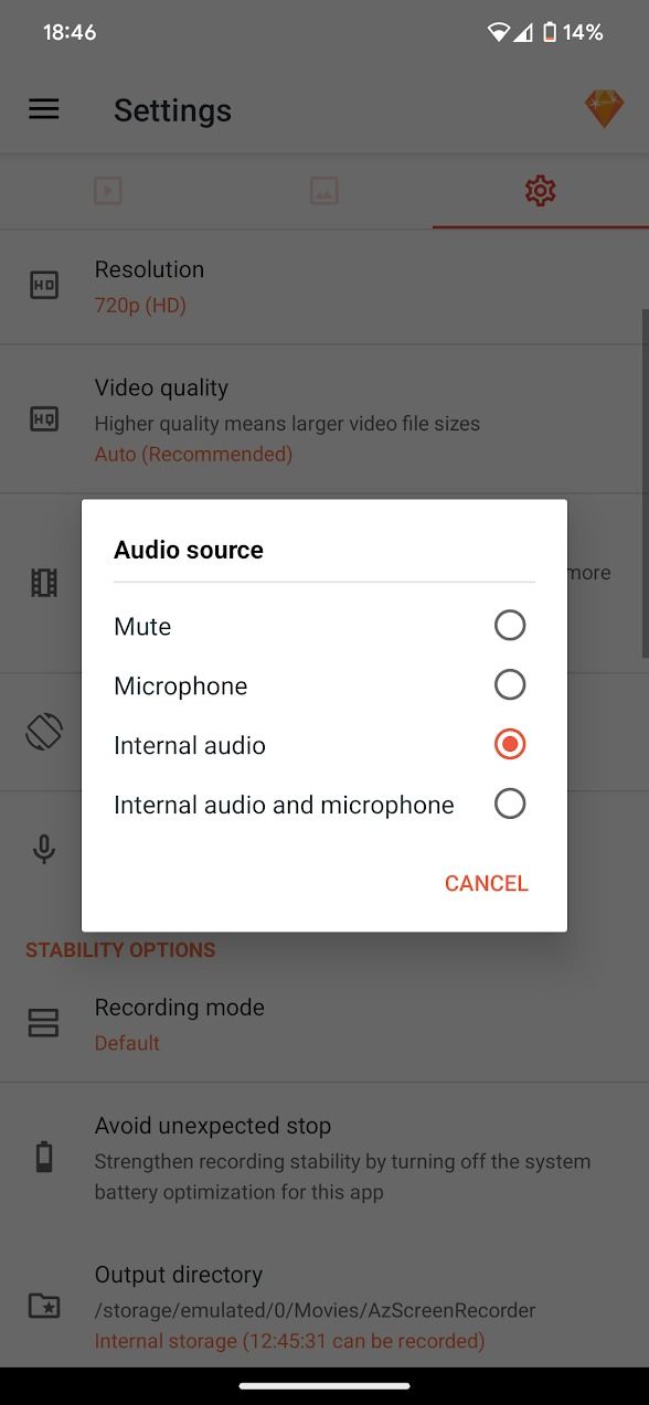 screenshot of audio settings menu on az recorder app