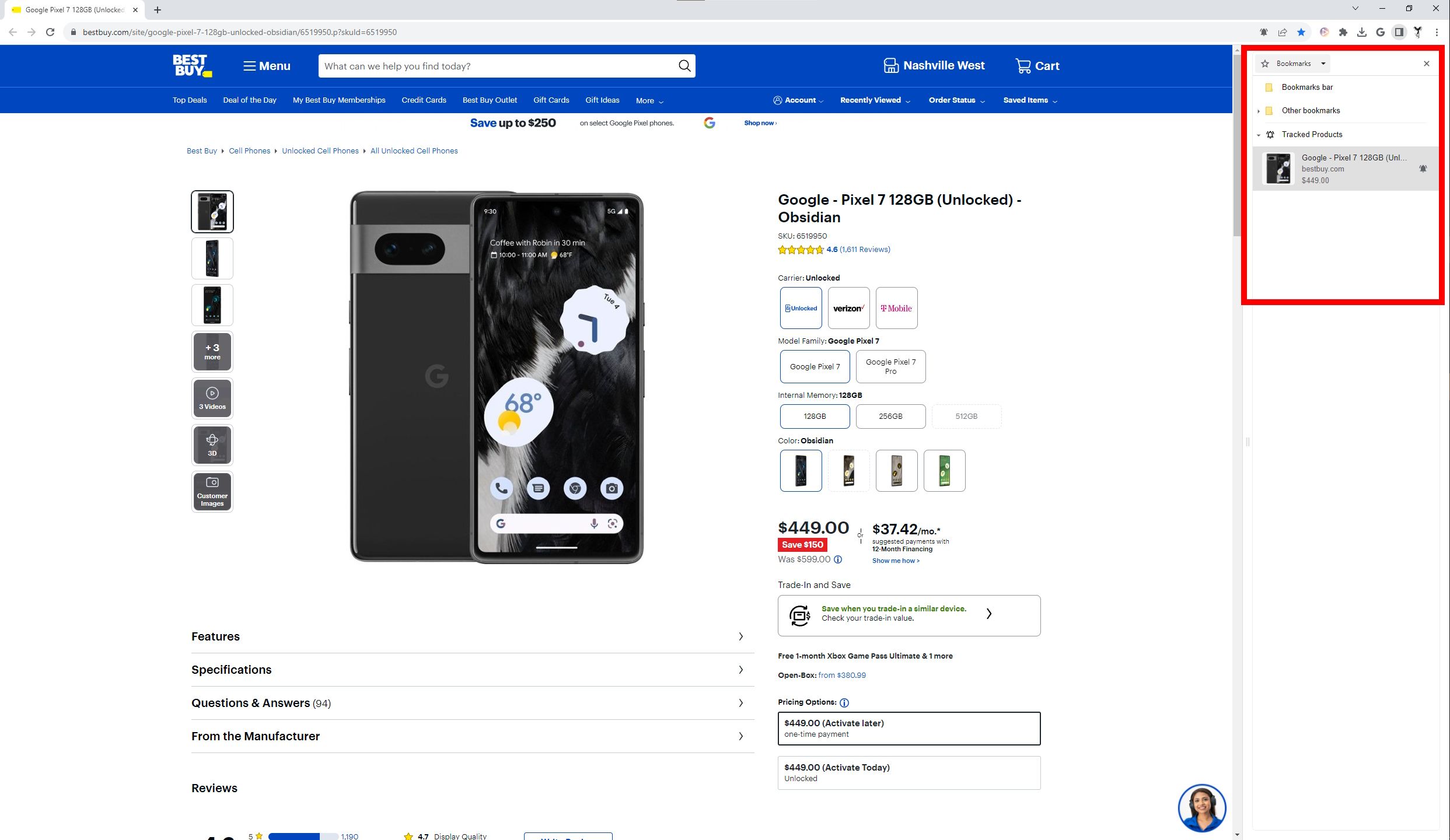 red rectangle outline over most attention-grabbing aquire bookmarks tab expanded on google chrome showing most attention-grabbing aquire google pixel product page