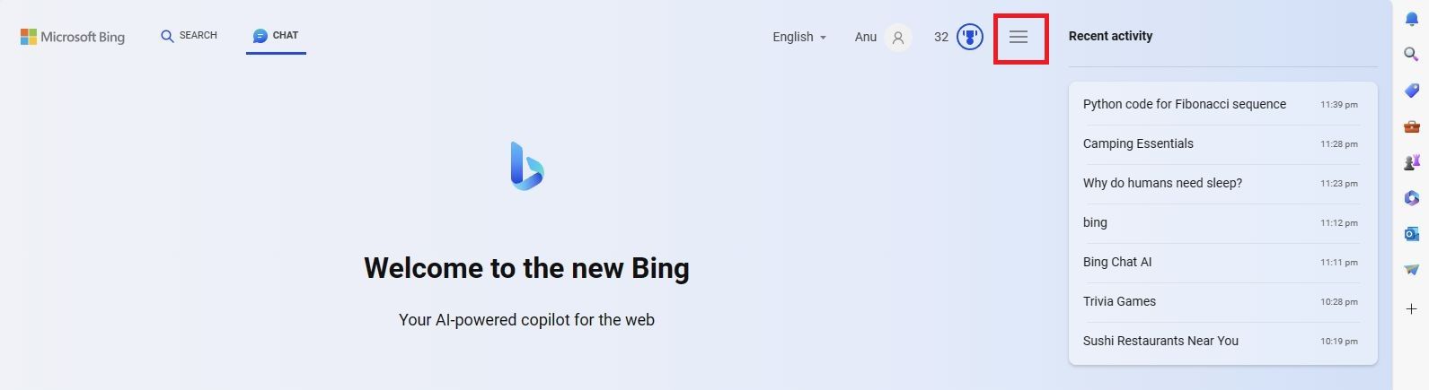 Screenshot of hamburger menu in Bing AI Chat